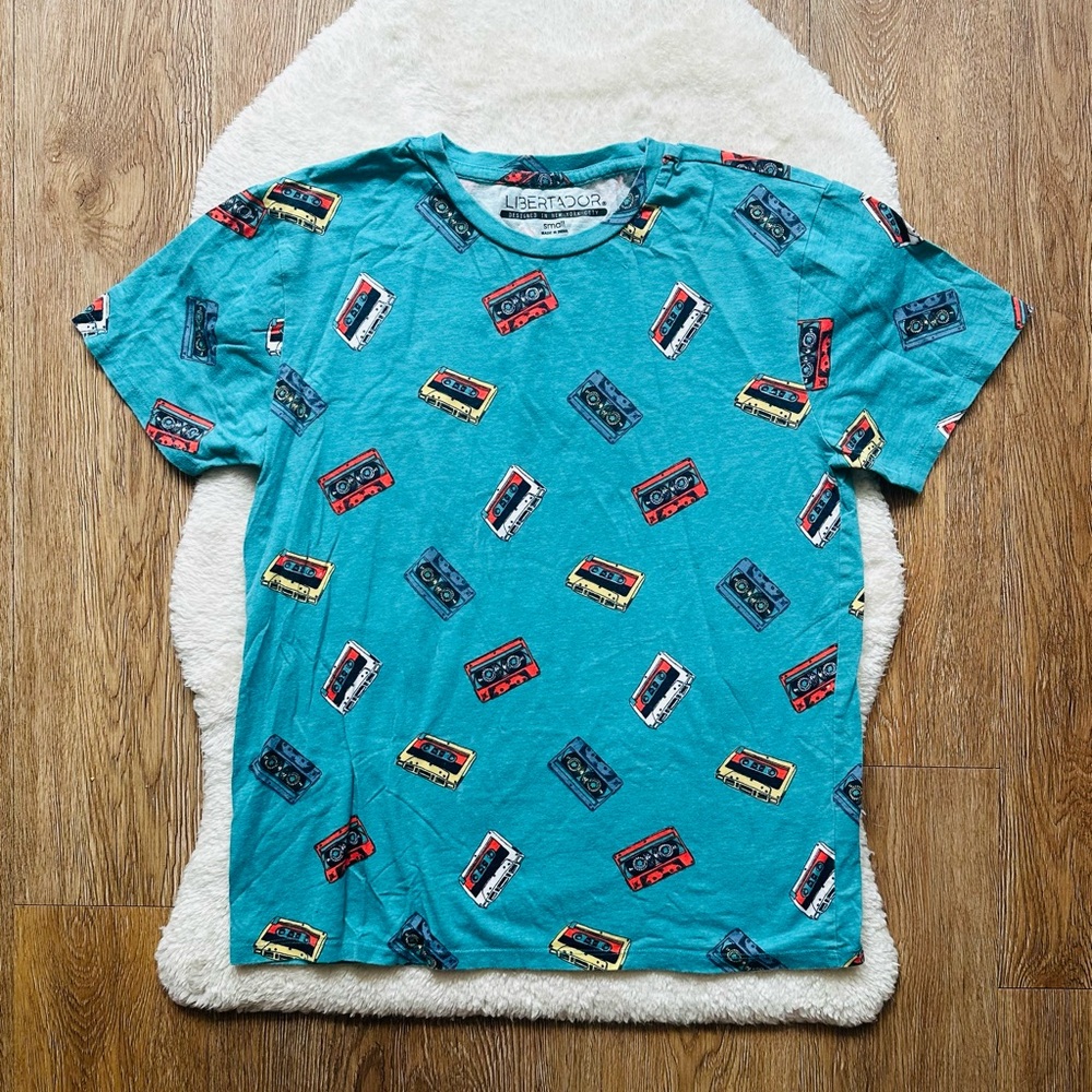 Men’s Cassette Print Blue T-Shirt Y2K